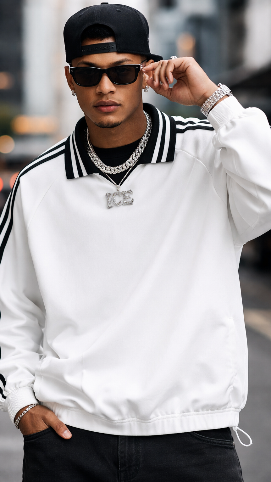 Contrast Striped Lapel Collar Sweatshirt